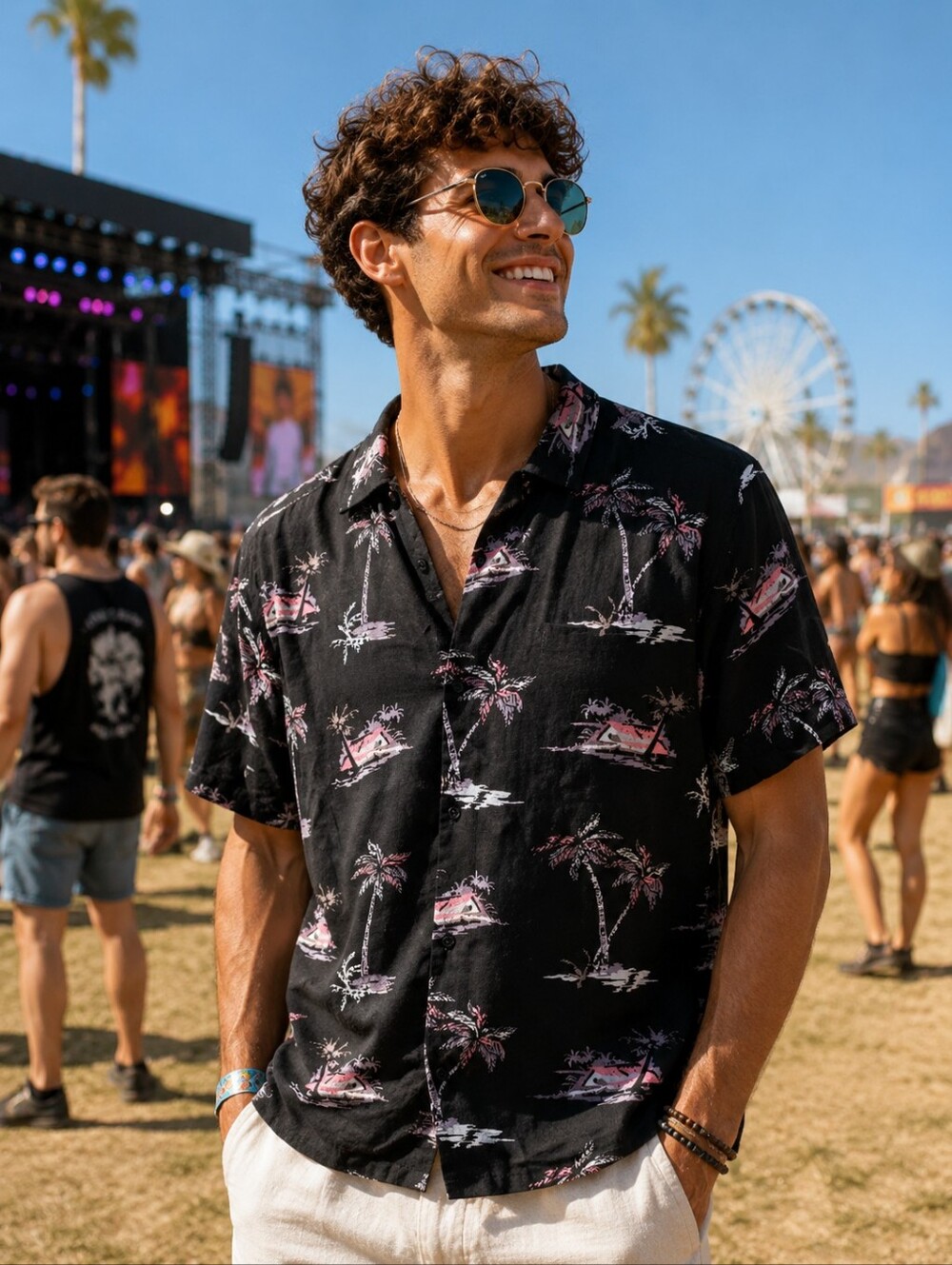 H&M Black Short-Sleeve Button-Down Shirt with Pink & White Tropical Print